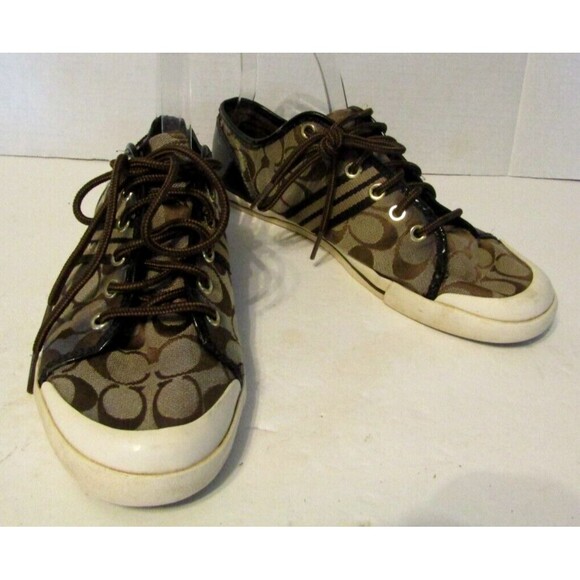 Coach Trainers Folly Sneakers Brown Signature Canvas Leather Trim Size 10 - Picture 2 of 11